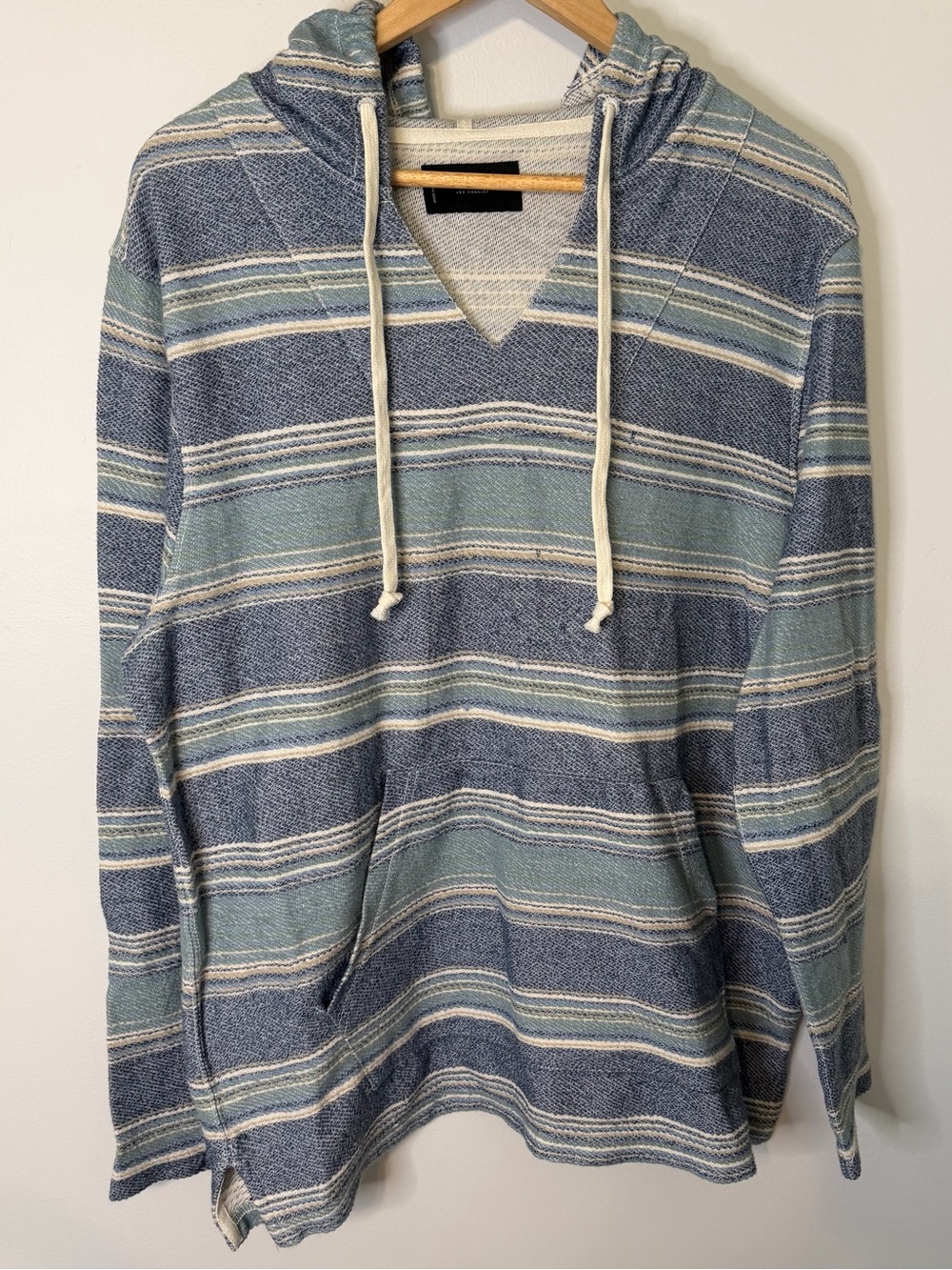 Lucky Brand Men’s Large Baja Striped Pullover Hoodie Blue Cream 100% Cotton NWT